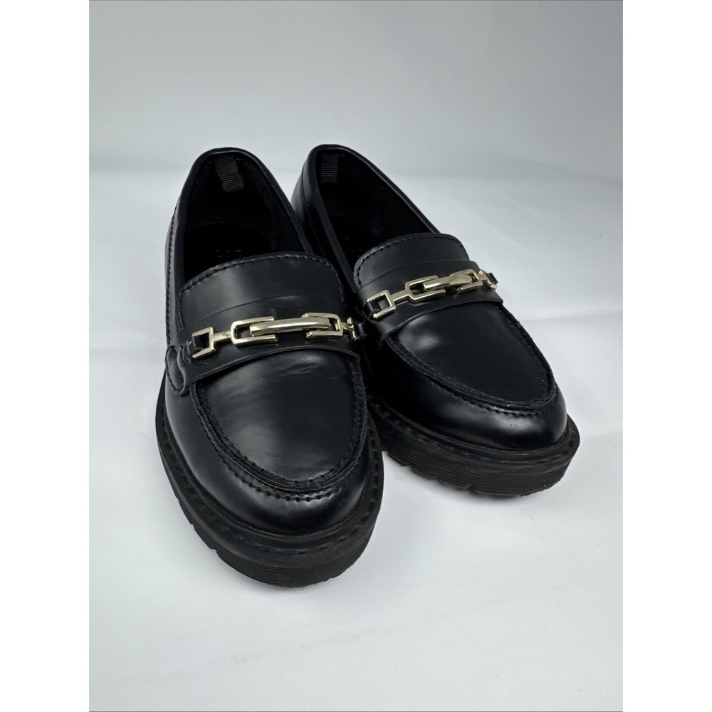 Gap Kids Girls Black Gold Tone Chain Link Faux Leather Loafers Sz 12 Lug Sole - Picture 1 of 7